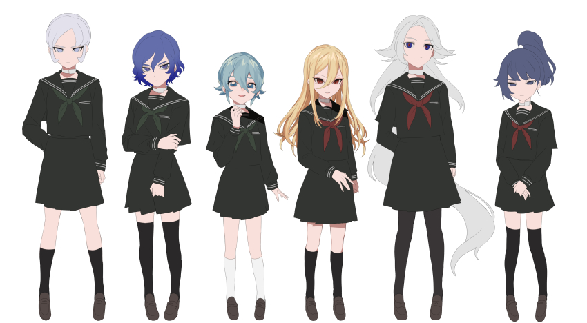 6+boys, absurdres, afuro_terumi, black_serafuku, black_socks, blue_eyes, brown_footwear, choker