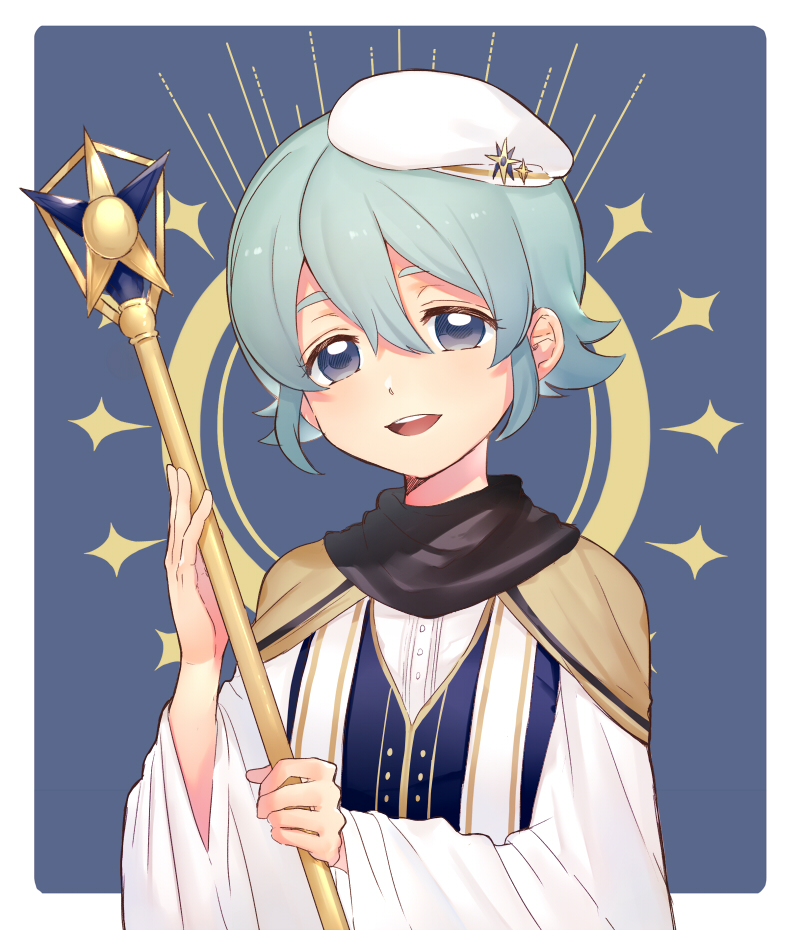 1boy, beret, blue_eyes, hair_between_eyes, hat, inazuma_eleven_(series), inazuma_eleven_ares_no_tenbin, looking_at_viewer, male_focus, open_mouth, robe, saotome_seiya, scepter, silver_hair, smile, solo, tomo_(sjim)