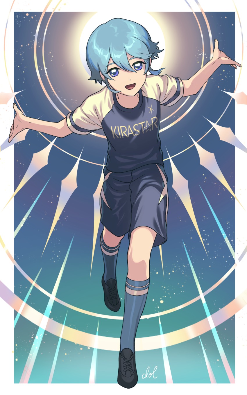 1boy, androgynous, angel_wings, blue_eyes, dolustoy, full_body, hair_between_eyes, highres, inazuma_eleven_(series), inazuma_eleven_ares_no_tenbin, looking_at_viewer, male_focus, open_mouth, saotome_seiya, shorts, silver_hair, smile, soccer_uniform, solo, sportswear, wings