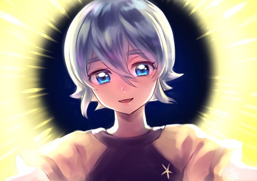 1boy, androgynous, bishounen, blue_eyes, blush, hair_between_eyes, hoshimelon, inazuma_eleven_(series)