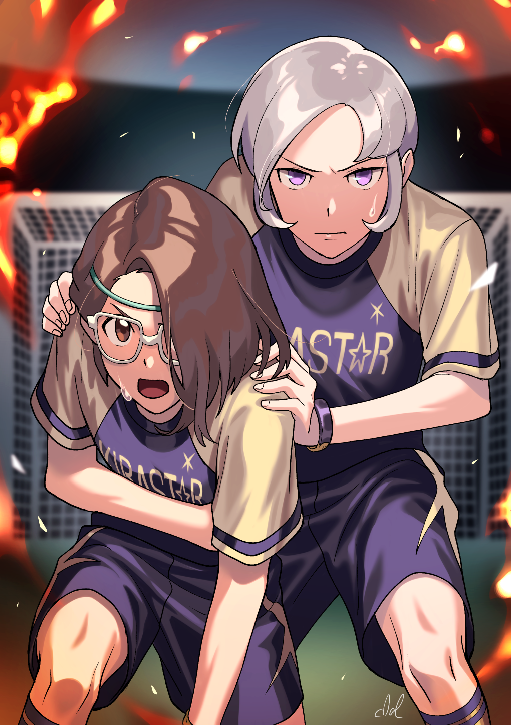 2boys, androgynous, brown_eyes, brown_hair, dolustoy, glasses, goal, hair_over_one_eye