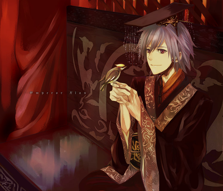 1boy, bird, bird_on_hand, furayu_(flayu), hat, male_focus, nagisa_kaworu, neon_genesis_evangelion