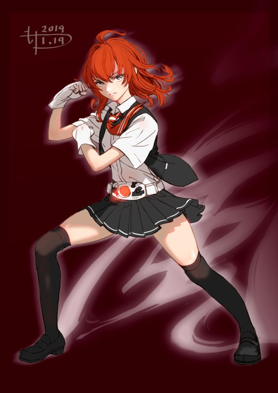 1girl, ahoge, arashi_(kancolle), belt, black_shoes, black_skirt, black_thighhighs, black_vest