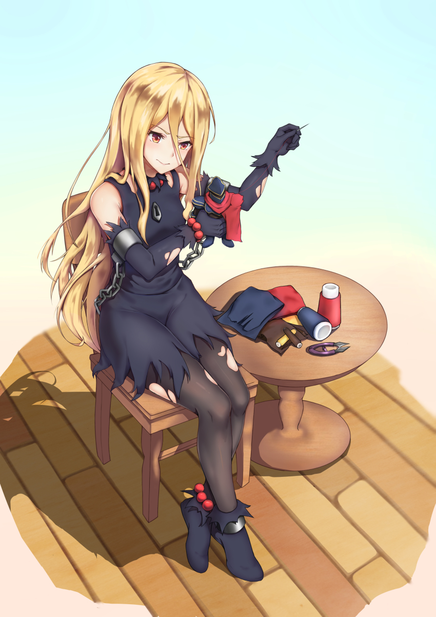 1girl, absurdres, ainz_ooal_gown, bare_shoulders, black_dress, black_legwear, blonde_hair, chain