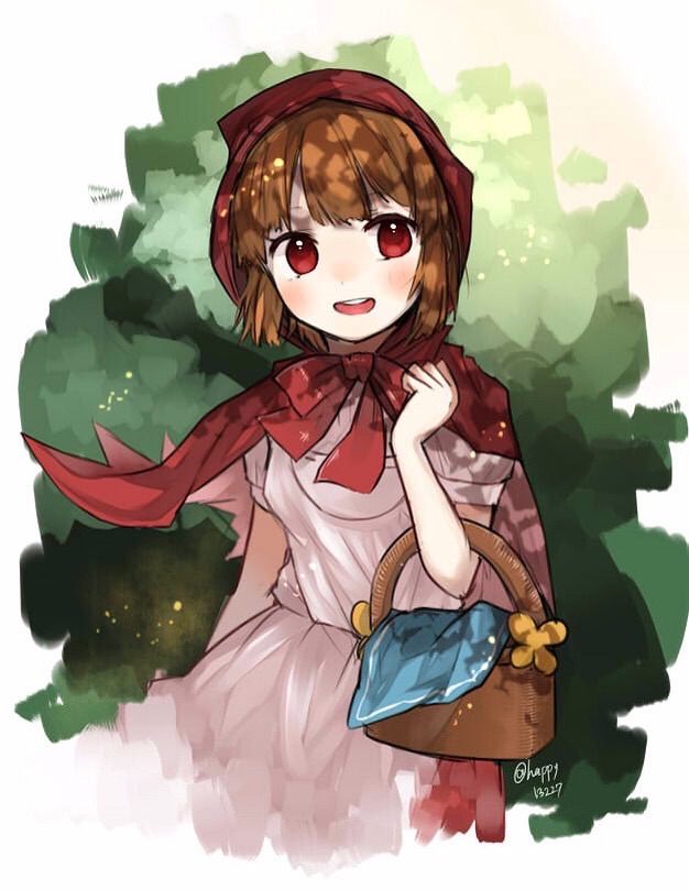1girl, basket, blush, brown_hair, cape, female_focus, hood, open_mouth
