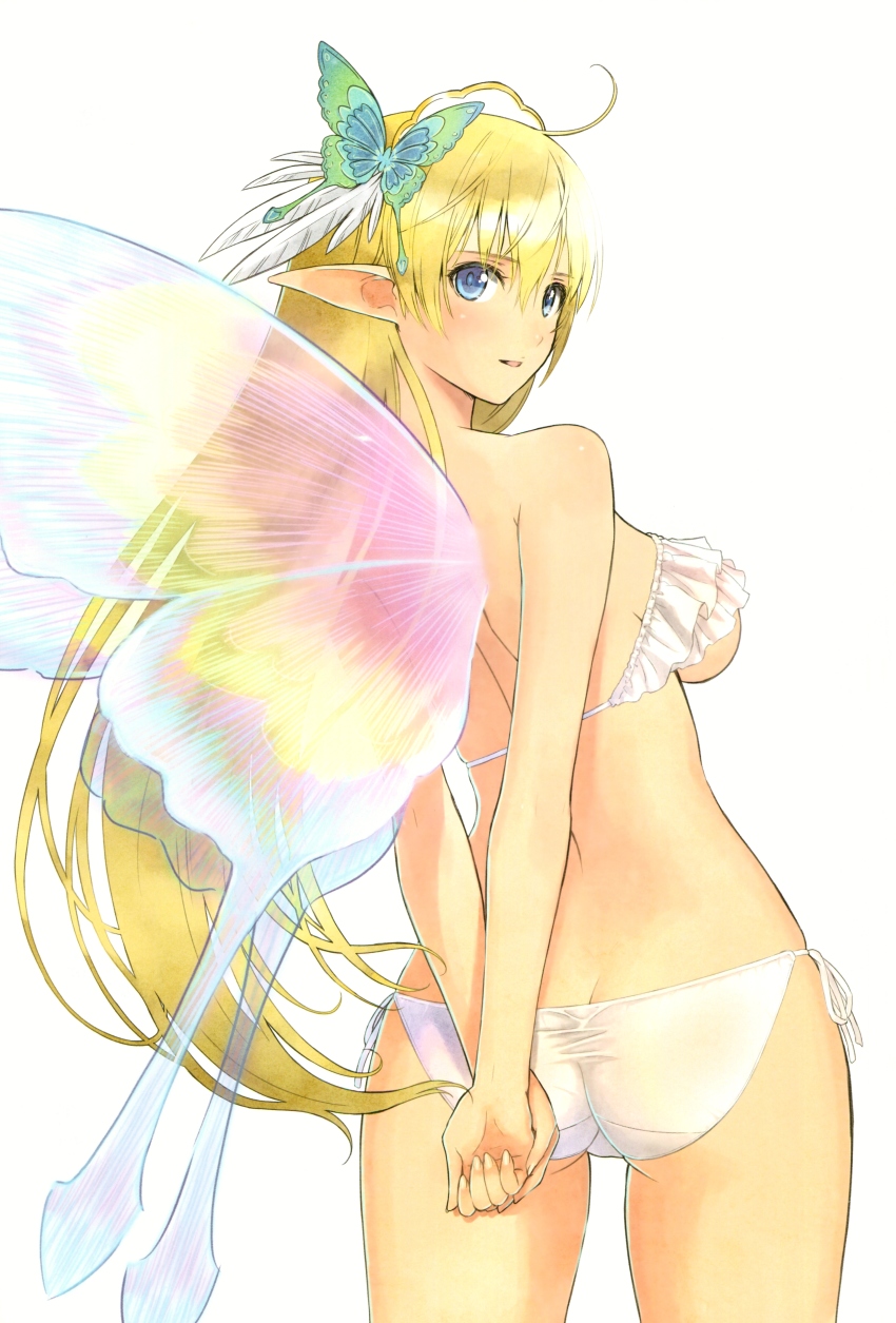 1girl, absurdres, arms_behind_back, ass, bikini, blonde_hair, blush, breasts, butt_crack, butterfly_hair_ornament, butterfly_wings, elf, elwing, elwing_ra-nah_sylphith, feathers, female_focus, fingernails, from_behind, hair_ornament, highres, insect_wings, looking_at_viewer, looking_back, medium_breasts, own_hands_together, parted_lips, pointy_ears, scan, shining_(series), shining_tears, side-tie_bikini_bottom, sideboob, simple_background, smile, sol, solo, swimsuit, thighs, tony_taka, underboob, white_bikini, wings