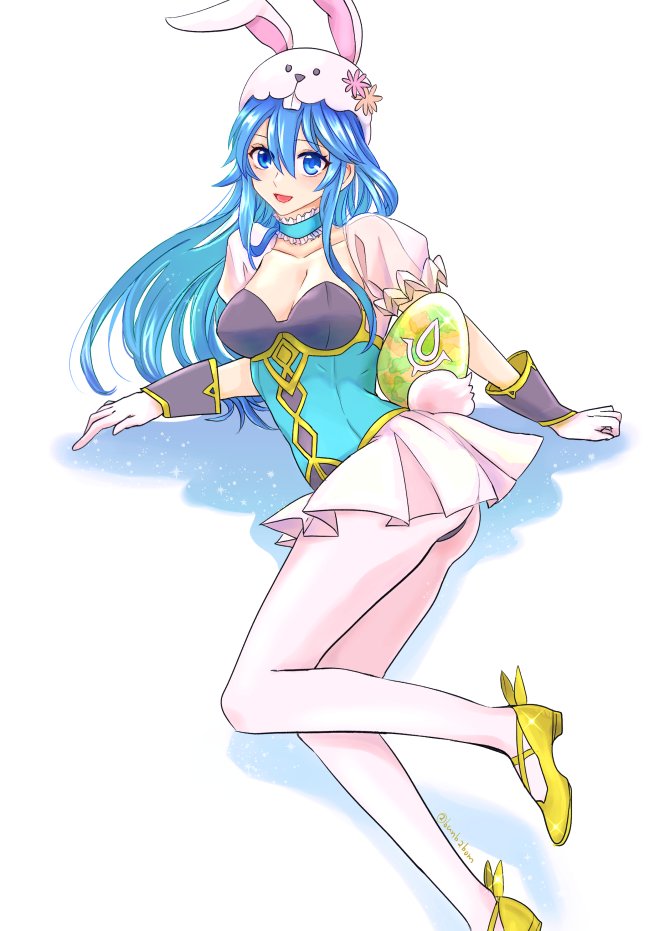 1girl, animal_ears, animal_hat, blue_eyes, blue_hair, breasts, choker, cleavage, easter_egg, egg, fake_animal_ears, female_focus, fire_emblem, fire_emblem_awakening, fire_emblem_heroes, hat, leotard, long_hair, lucina_(fire_emblem), lucina_(spring_exalt)_(fire_emblem), nintendo, open_mouth, rabbit_ears, rabbit_hat, simple_background, skirt, solo, taguchi_(igutiguti), twitter_username, white_background, white_legwear, wrist_cuffs