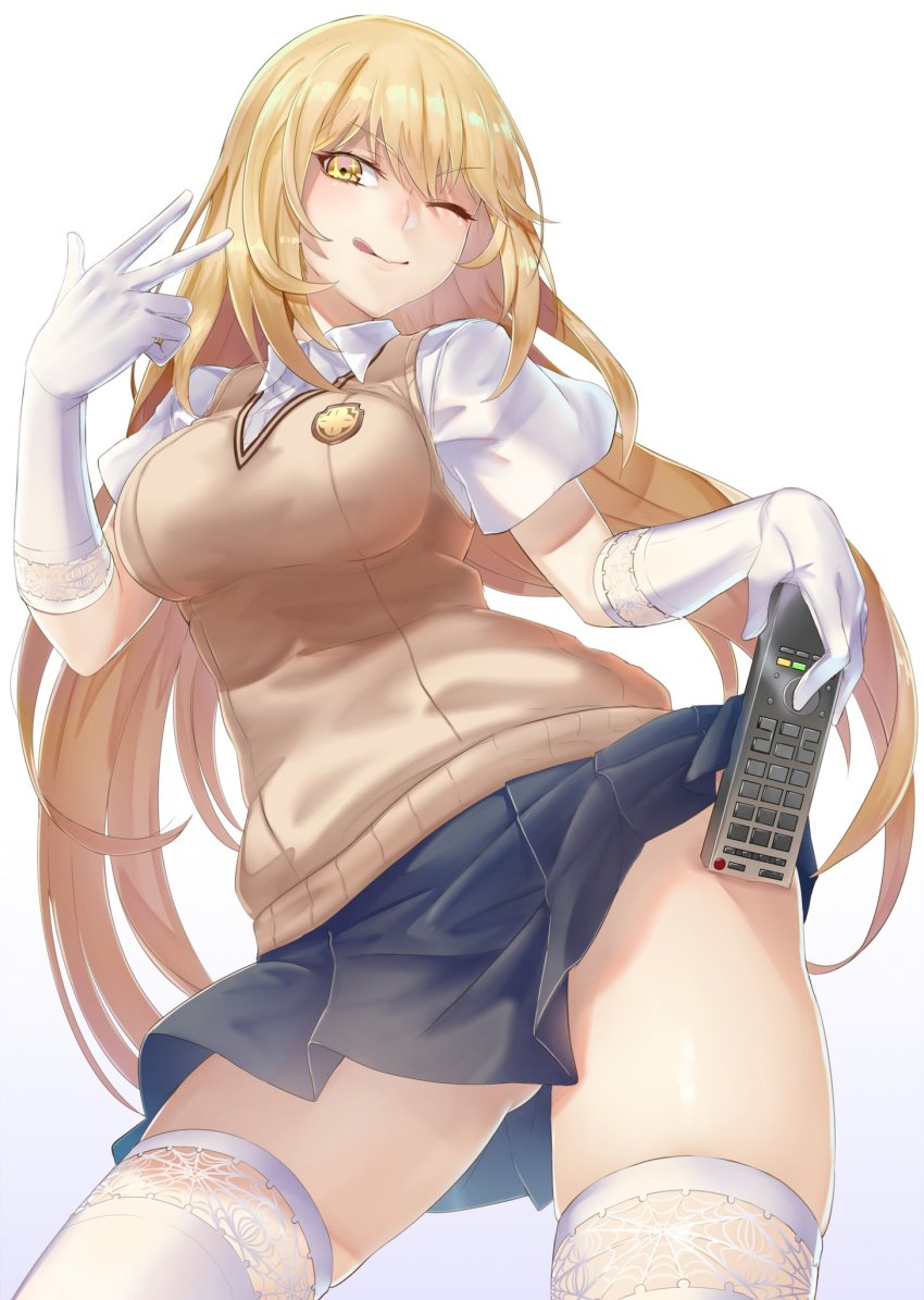 +_+, 1girl, ;9, blonde_hair, blush, breasts, contrapposto, controller, elbow_gloves, female_focus, gloves, highres, holding, holding_controller, holding_remote_control, jikeshi, large_breasts, long_hair, looking_at_viewer, one_eye_closed, pleated_skirt, remote_control, school_uniform, shokuhou_misaki, short_sleeves, simple_background, skirt, smile, solo, spider_web_print, sweater_vest, symbol-shaped_pupils, thighhighs, thighs, toaru_majutsu_no_index, tongue, tongue_out, w, white_background, white_gloves, white_thighhighs, yellow_eyes