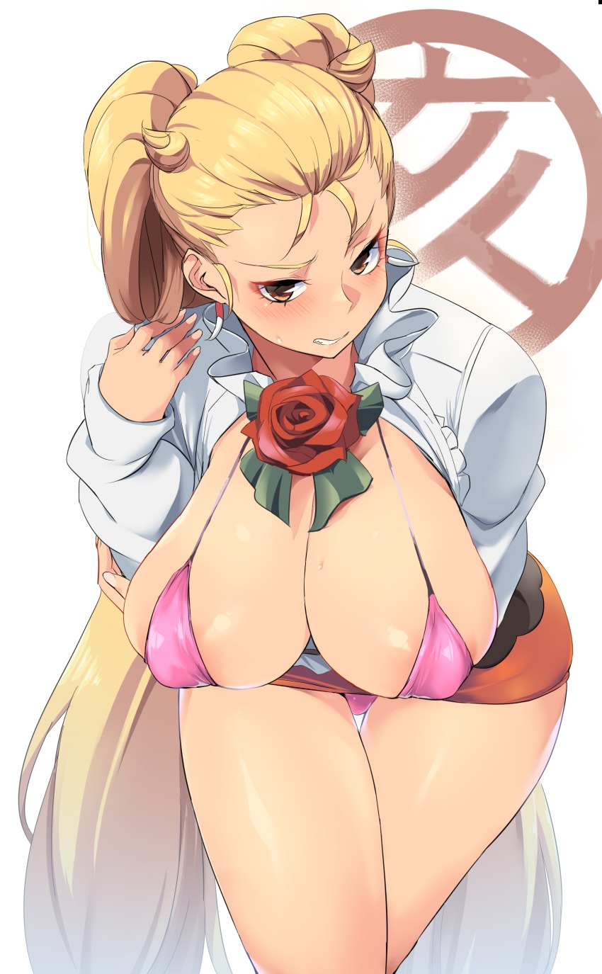 1girl, absurdres, arm_under_breasts, bikini, blonde_hair, blush, bow, bowtie, breasts, center_frills, cleavage, clenched_teeth, collarbone, cone_hair_bun, covered_erect_nipples, cowboy_shot, female_focus, flower, frilled_shirt, frills, hair_bun, halterneck, highres, inou_toshiko, juuni_taisen, large_breasts, leaning_forward, long_hair, long_sleeves, looking_at_viewer, minakami_(flyingman555), miniskirt, open_clothes, open_shirt, orange_skirt, pink_bikini, rose, shirt, skindentation, skirt, solo, sweat, swimsuit, teeth, thigh_gap, twintails, very_long_hair, white_background, white_shirt, yellow_eyes