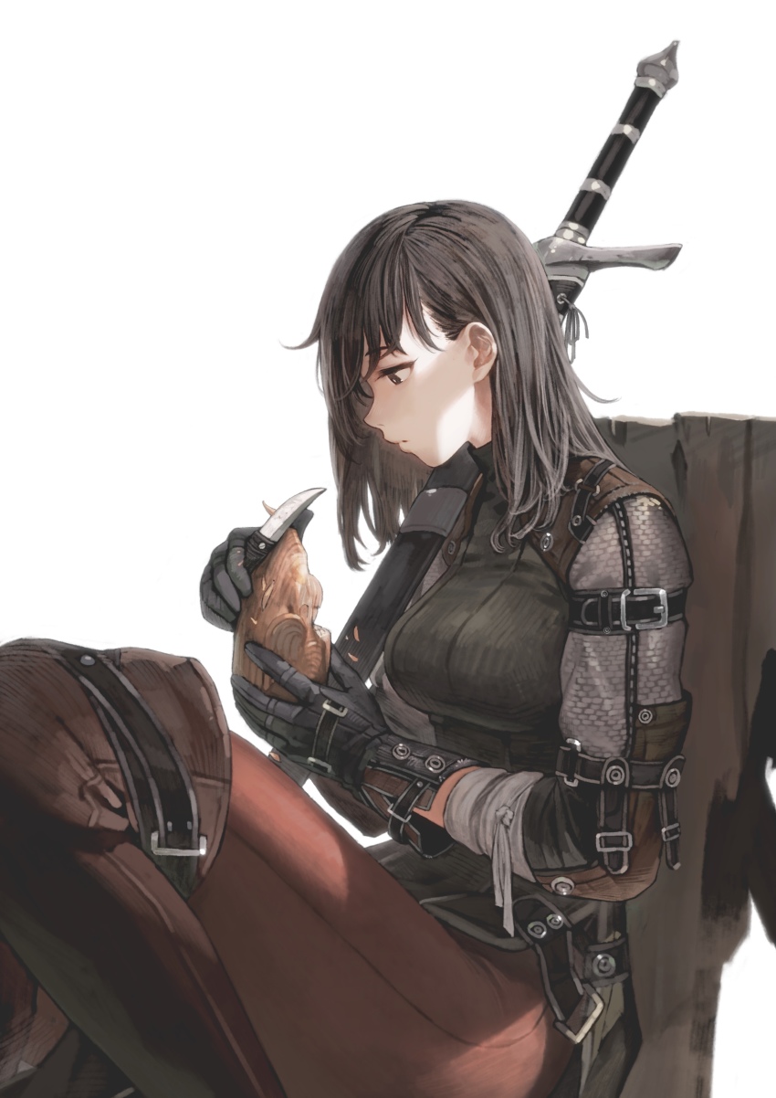 1girl, absurdres, black_hair, boots, buckle, carving, female_focus, gloves, highres, jun_(navigavi), knife, leggings, original, simple_background, sitting, solo, sword, weapon, white_background, whittling, wood