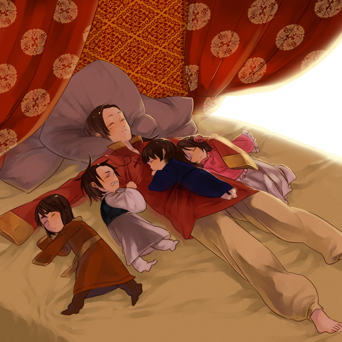 00s, 1girl, 4boys, axis_powers_hetalia, barefoot, bed, bed_sheet, changpao