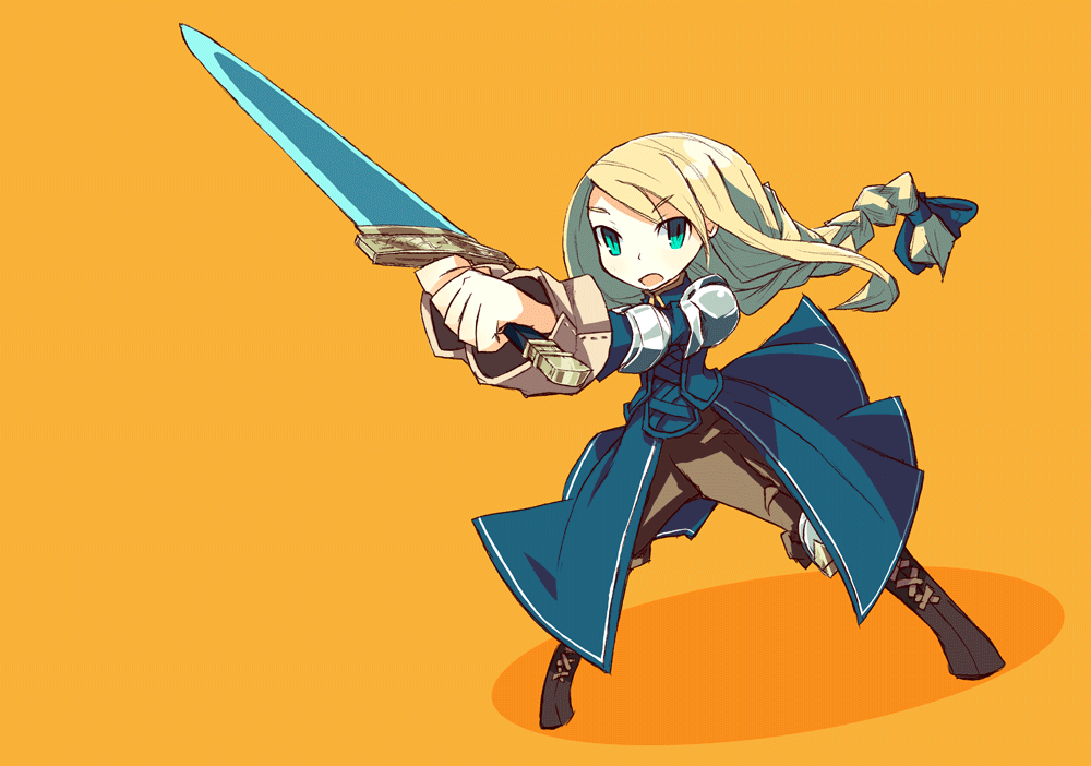 1girl, agrias_oaks, aqua_eyes, armor, bad_id, bad_pixiv_id, blonde_hair, braid, braided_ponytail, ccru, cocorou, female_focus, final_fantasy, final_fantasy_tactics, full_body, hair_ribbon, knight, long_hair, ribbon, simple_background, single_braid, solo, sword, weapon