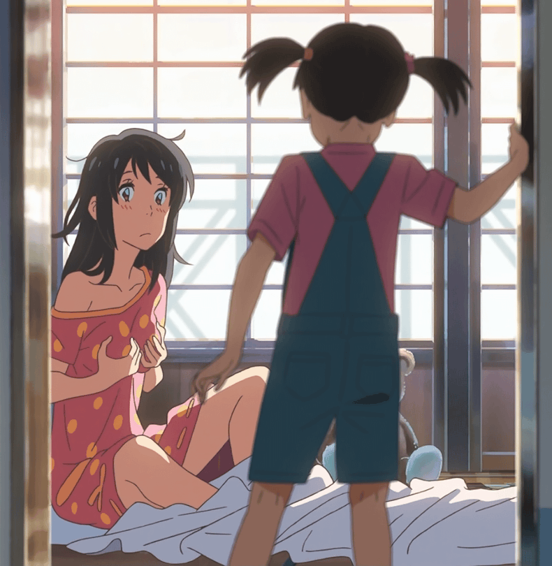 10s, 2girls, animated, animated_gif, bed, bedroom, black_hair, blush, breast_lift, breasts, brown_eyes, closed_mouth, grabbing_own_breast, groping, indoors, kimi_no_na_wa., long_hair, miyamizu_mitsuha, miyamizu_yotsuha, multiple_girls, no_bra, off_shoulder, on_bed, pajamas, polka_dot, screencap, siblings, single_bare_shoulder, sisters, sitting, small_breasts, standing, twintails, walk-in, window