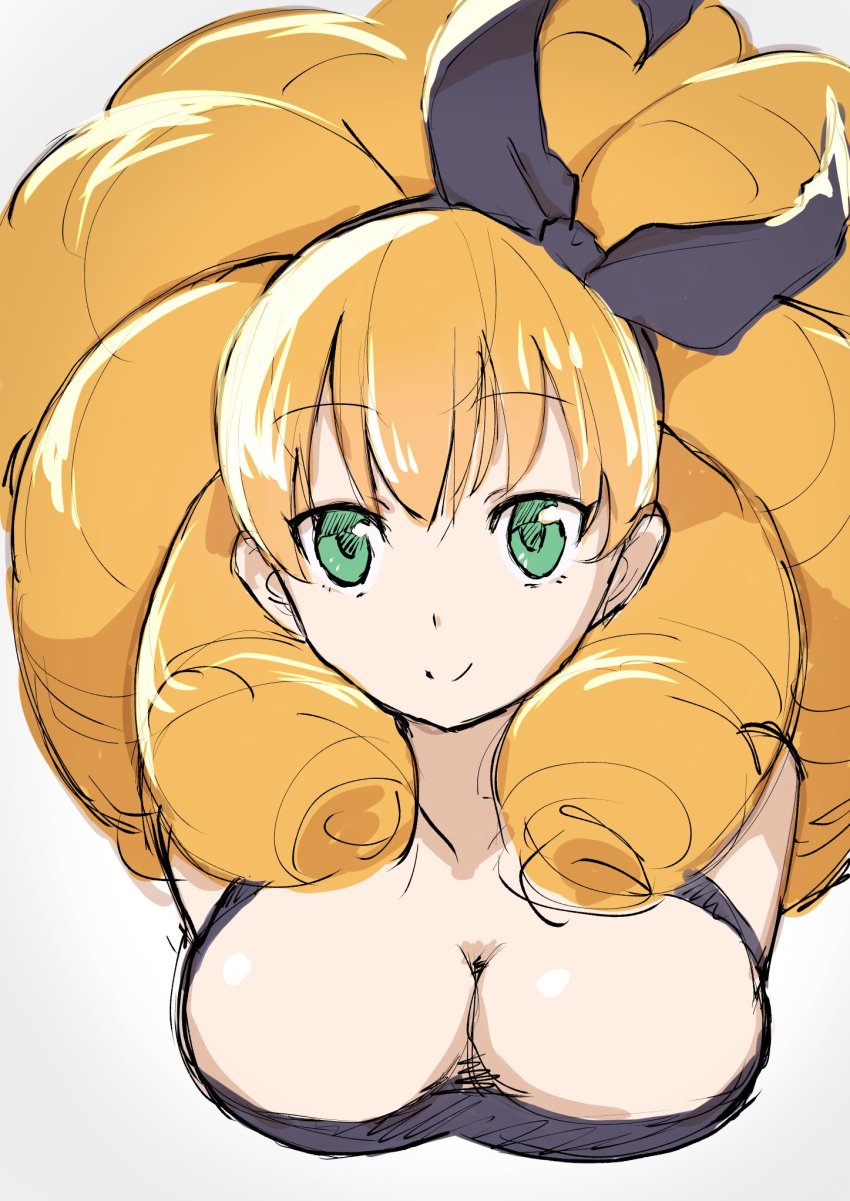 10s, 1girl, big_hair, black_hairband, bow, breasts, cleavage, female_focus