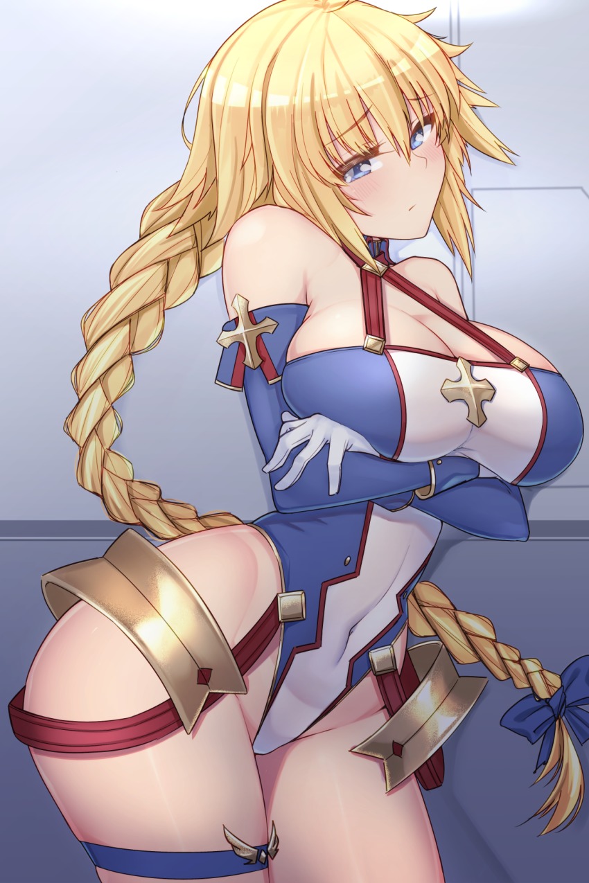 1girl, blonde_hair, blue_eyes, bradamante_(fate), bradamante_(fate)_(cosplay), bradamante_(first_ascension)_(fate), braid, breasts, cleavage, closed_mouth, contrapposto, cosplay, covered_navel, cowboy_shot, dura_(dura110), fate/grand_order, fate_(series), female_focus, gloves, highleg, highleg_leotard, highres, hip_focus, jeanne_d'arc_(fate), jeanne_d'arc_(ruler)_(fate), jewelry, large_breasts, leotard, long_hair, looking_at_viewer, raised_eyebrows, solo, standing, thighlet, thighs, white_gloves