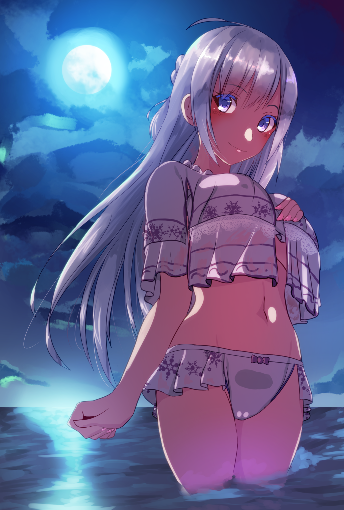 1girl, bare_shoulders, bikini, blue_hair, blush, bow, bow_bikini, breast_suppress, breasts, closed_mouth, cloud, cloudy_sky, commentary_request, crop_top, dead_or_alive, dead_or_alive_xtreme, dead_or_alive_xtreme_venus_vacation, female_focus, fiona_(doa), frilled_bikini, frills, from_below, full_moon, legs_together, light_blue_hair, long_hair, looking_at_viewer, medium_breasts, moon, nail_polish, navel, night, nishisan_(mikurosu), ocean, outdoors, pink_nails, purple_bow, purple_eyes, red_bow, sky, smile, snowflake_print, solo, standing, swimsuit, wading