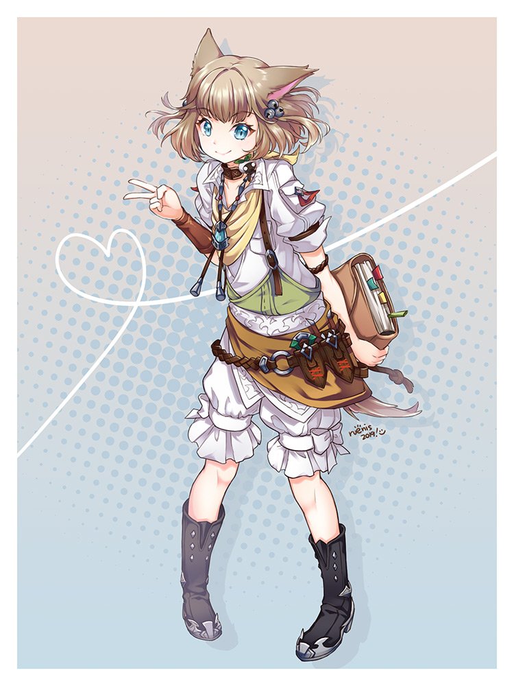 1girl, animal_ears, arm_guards, bell, black_boots, blonde_hair, bloomers, blue_eyes, book, boots, cat_ears, choker, female_focus, final_fantasy, final_fantasy_xiv, full_body, hair_bell, hair_ornament, jingle_bell, khloe_aliapoh, looking_at_viewer, miqo'te, rue_(ruenis_chronowing), shirt, short_hair, short_sleeves, signature, smile, solo, standing, underwear, v, white_shirt