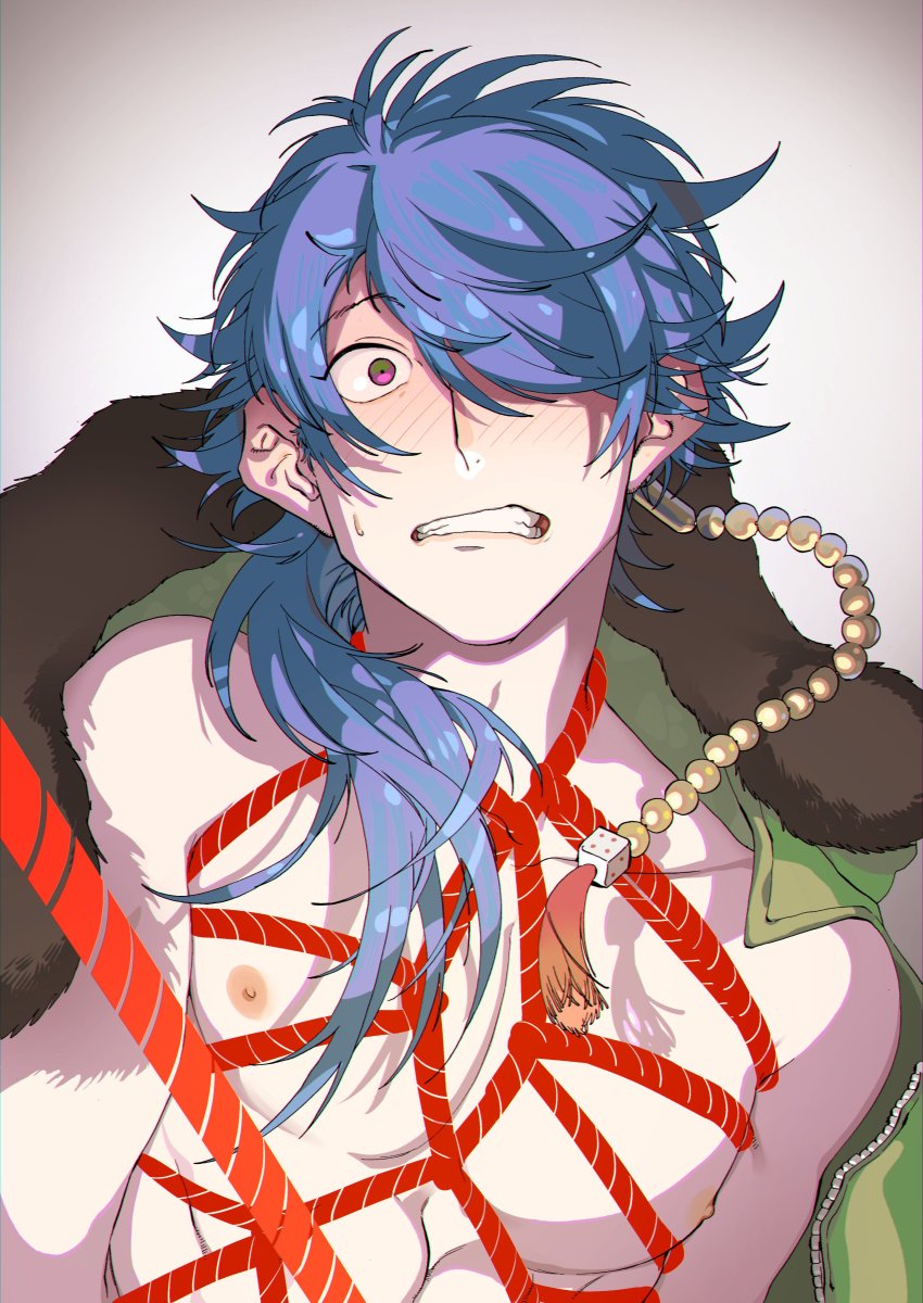 1boy, absurdres, arisugawa_dice, blue_hair, blush, clenched_teeth, grey_background, hair_over_one_eye, highres, hypnosis_mic, jacket, long_hair, male_focus, open_clothes, open_jacket, ponytail, pov, protected_link, red_rope, rope, shibari, simple_background, solo, surprised, sweatdrop, teeth, topless_male, tsubasa_(artist), upper_body