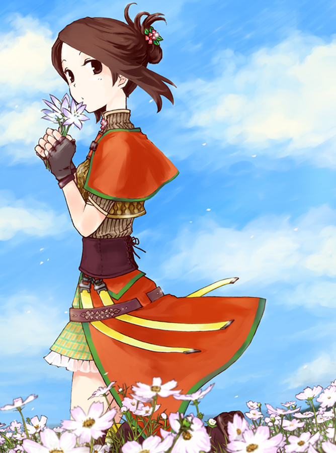 1girl, bad_id, bad_pixiv_id, brown_eyes, brown_hair, day, dress, female_focus