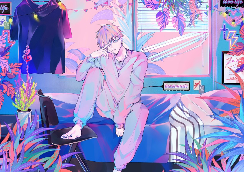 1boy, barefoot, bed, black_nails, blue_eyes, character_name, feet, girly_boy, indie_utaite, indoors, jewelry, leaf, looking_to_the_side, luz_(utaite), male_focus, nail_polish, necklace, niconico, one_eye_covered, pants, pastel_colors, pillow, plant, ritsuno_ananda, silver_hair, sitting, solo, sweater, sweatpants, toenail_polish, toenails, toes, utaite, window_blinds