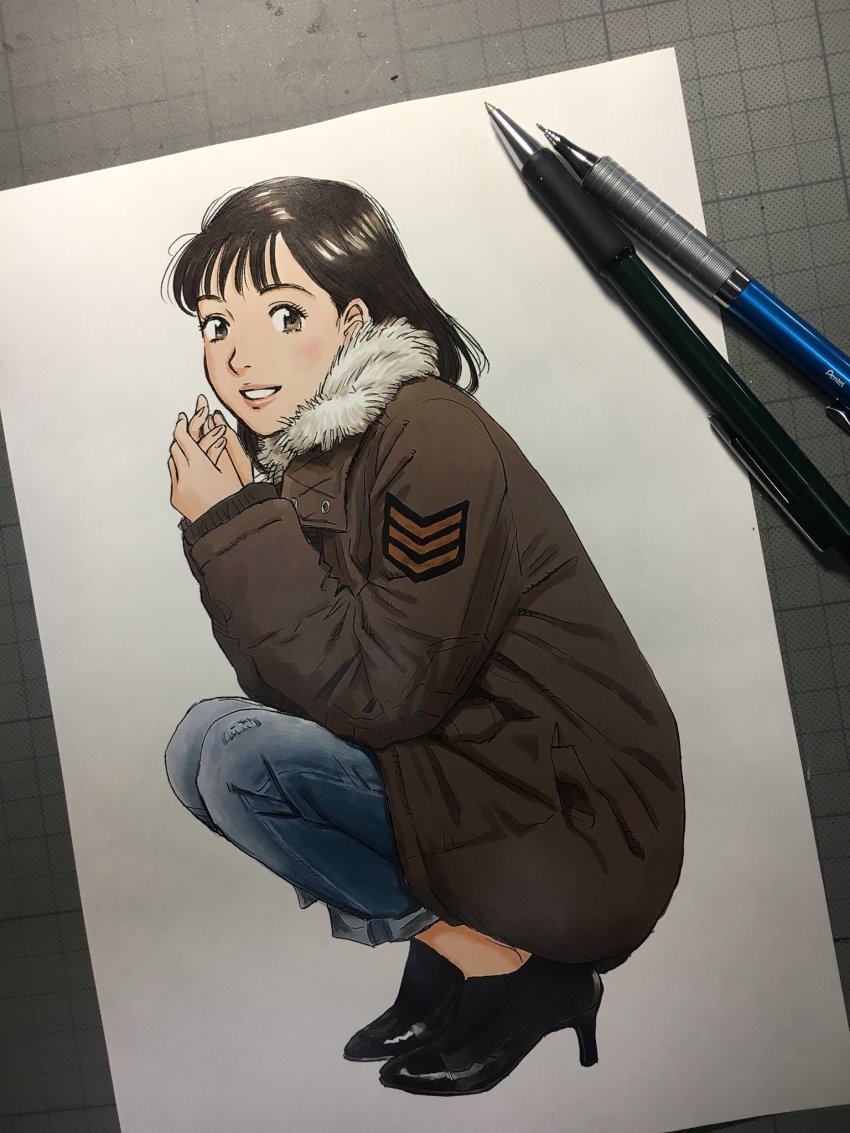 1girl, art_tools_in_frame, brown_eyes, brown_hair, coat, female_focus, from_side, full_body