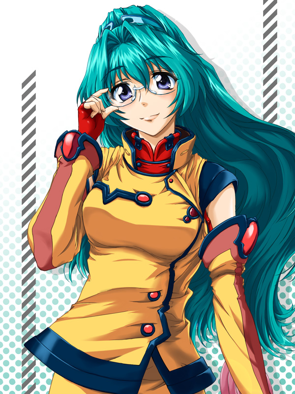 1girl, adjusting_eyewear, angelica_shalteel, aqua_hair, b_button, banpresto, breasts, detached_sleeves