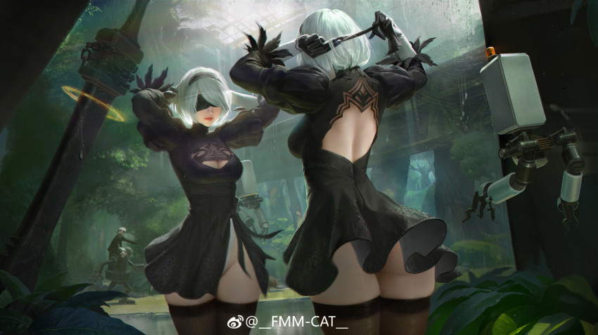 1boy, 1girl, 2b_(nier:automata), 9s_(nier:automata), arms_behind_head, arms_up, ass, back_cutout