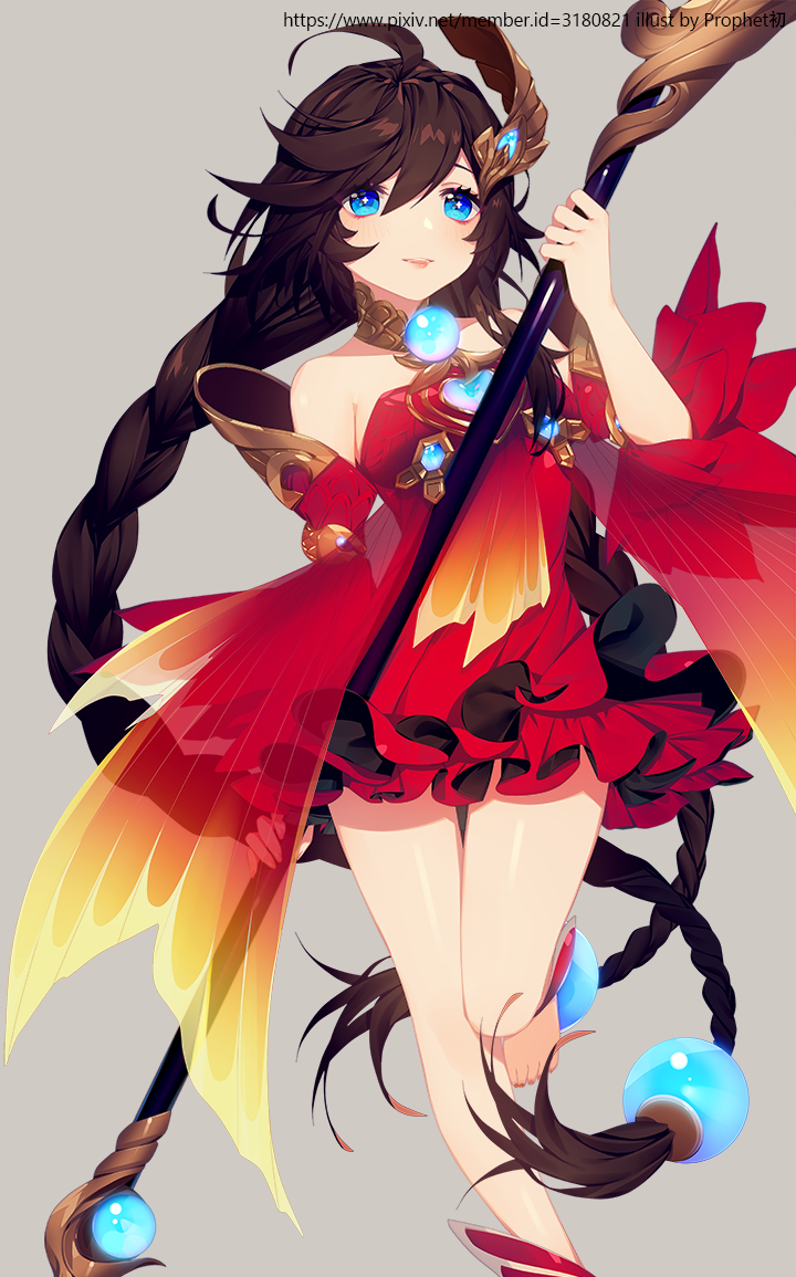 1girl, ahoge, artist_name, bare_shoulders, blue_eyes, braid, brown_hair, character_request, collarbone, commentary_request, da_qiao_(wangzhe_rongyao), detached_sleeves, dress, female_focus, grey_background, hair_between_eyes, hair_ornament, hand_up, holding, long_hair, long_sleeves, low_twintails, parted_lips, prophet_chu, red_dress, see-through_clothes, short_dress, simple_background, sleeveless, sleeveless_dress, solo, standing, standing_on_one_leg, toenails, twin_braids, twintails, very_long_hair, wangzhe_rongyao, watermark, web_address, wide_sleeves