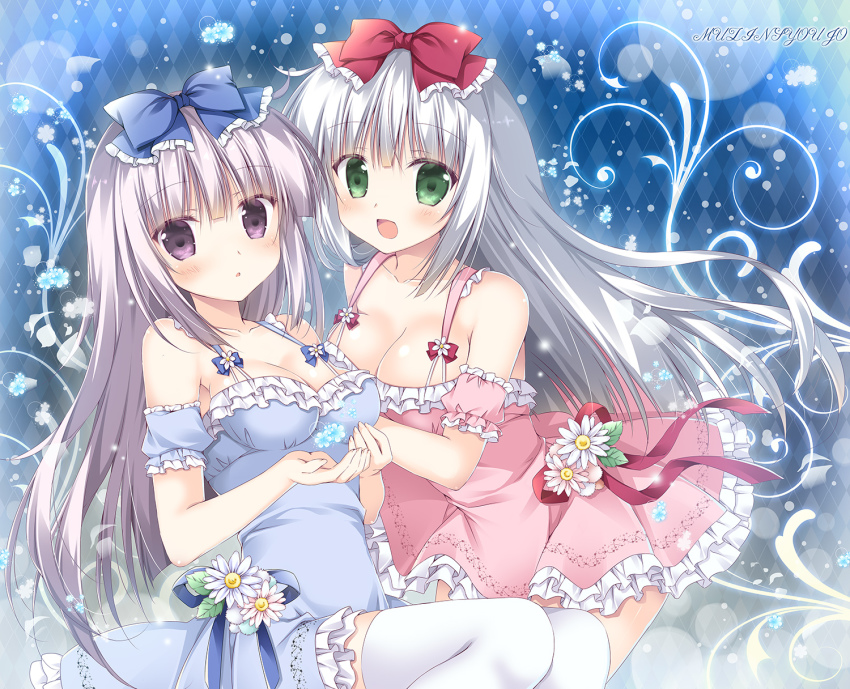 2girls, :d, :o, airi_(alice_or_alice), alice_or_alice, bare_shoulders, blue_bow, blue_dress