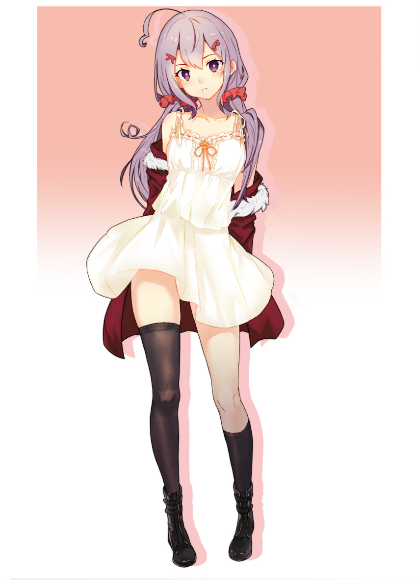 1girl, ahoge, asura_(moepeach), asymmetrical_legwear, black_boots, black_thighhighs, blouse, boots