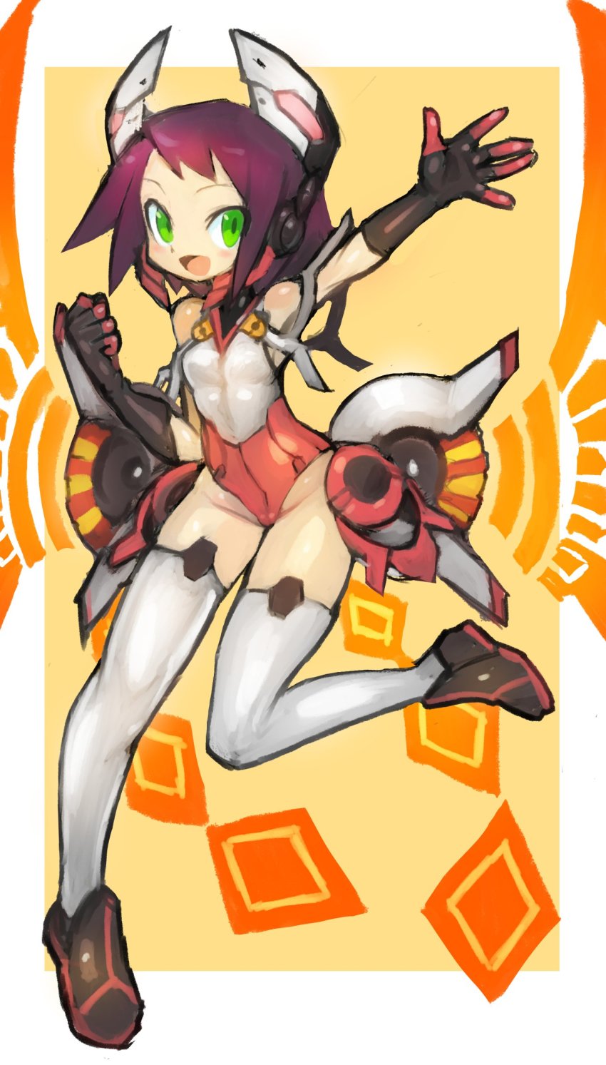 1girl, arm_up, azure_striker_gunvolt, bare_shoulders, black_footwear, blush, breasts, capcom, commentary_request, cosplay, dakusuta, elbow_gloves, female_focus, full_body, gloves, green_eyes, headgear, highres, inti_creates, leg_up, leotard, mega_man_(series), mega_man_star_force_(series), open_mouth, purple_hair, roro_(gunvolt), roro_(gunvolt)_(cosplay), short_hair, small_breasts, smile, solo, sonia_strumm_(mega_man), thighhighs, white_thighhighs