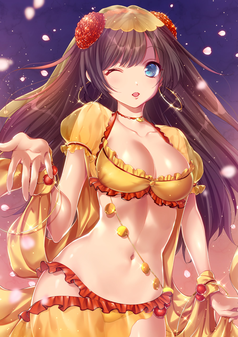 1girl, ;o, belly_chain, bikini, black_hair, blue_eyes, breasts, cleavage