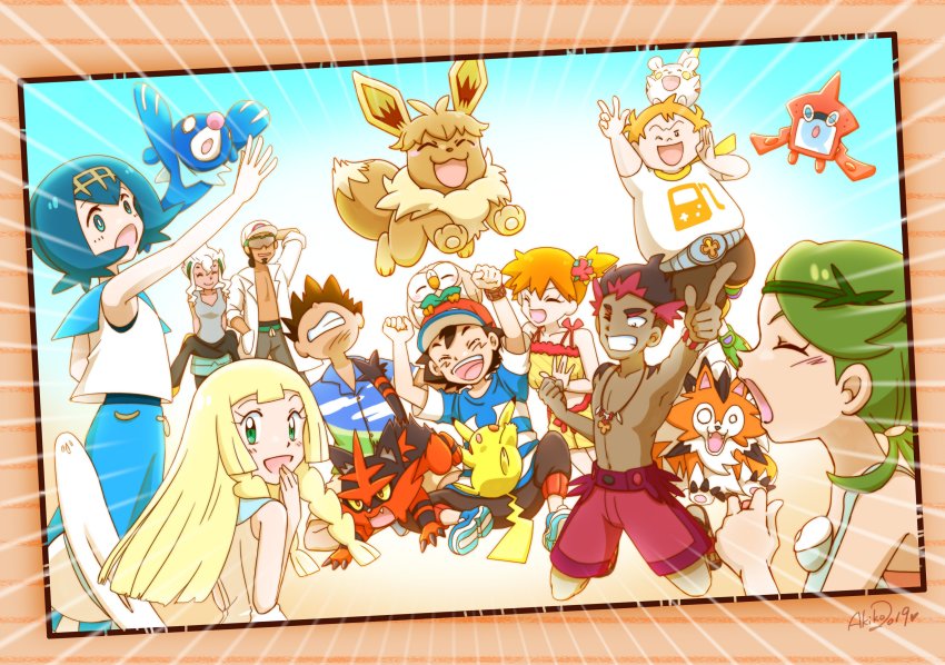 5girls, absurdres, armpits, backlighting, blouse, blue_one-piece_swimsuit, blue_shirt, blunt_bangs