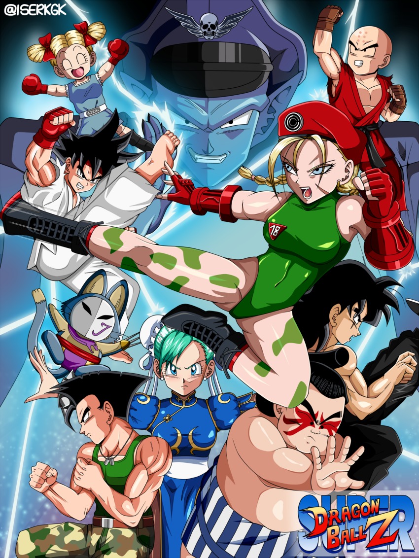 3girls, 6+boys, android_18, balrog_(cosplay), balrog_(street_fighter), balrog_(street_fighter)_(cosplay), belt, beret