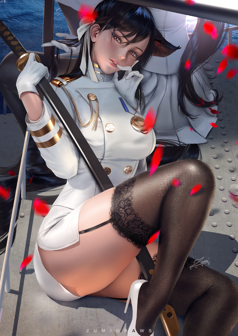 2girls, aiguillette, animal_ears, artist_name, atago_(azur_lane), azur_lane, between_thighs, black_garter_straps, black_hair, black_pantyhose, black_thighhighs, breasts, brown_eyes, buttons, commentary, curvy, dated, day, double-breasted, english_commentary, epaulettes, extra_ears, falling_petals, female_focus, finger_to_mouth, foot_out_of_frame, full_body, garter_straps, gloves, gold_buttons, gold_trim, hair_ribbon, hand_on_own_cheek, hand_on_own_face, hands_up, head_tilt, high_collar, high_heels, holding, holding_another's_hair, holding_sword, holding_weapon, katana, knee_up, lace, lace-trimmed_legwear, lace_trim, large_breasts, long_hair, long_sleeves, looking_at_viewer, medal, military, military_uniform, mole, mole_under_eye, multiple_girls, naval_uniform, ocean, outdoors, pale_skin, pantyhose, parted_lips, pencil_skirt, petals, pink_lips, pleated_skirt, ponytail, raised_eyebrows, realistic, red_petals, ribbon, saya_(scabbard), scabbard, shadow, sheath, ship, siblings, side_slit, sidelocks, sisters, sitting, skindentation, skirt, star_buttons, straight_hair, swept_bangs, sword, takao_(azur_lane), teeth, thick_thighs, thighhighs, thighs, tsuka-ito, tsuka_(handle), very_long_hair, water, watercraft, weapon, white_gloves, white_ribbon, white_skirt, wolf_ears, wolf_girl, zumi_(zumidraws)