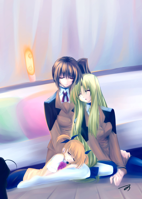 00s, 3girls, bad_id, bad_pixiv_id, blonde_hair, brown_hair, closed_eyes, family