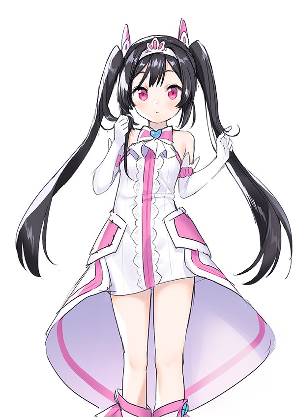 1girl, black_hair, blush, bow, dress, egao_no_daika, female_focus, gloves