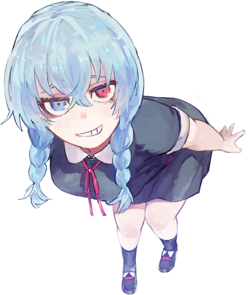 10s, 1girl, absurdres, alternate_costume, bare_legs, bent_over, black_dress, black_socks, blue_eyes, blue_hair, blush, breasts, brown_shoes, commentary_request, dress, female_focus, grin, hair_between_eyes, heterochromia, highres, light_blue_hair, looking_at_viewer, medium_breasts, medium_hair, mowar25, pink_neckwear, red_eyes, shoes, short_sleeves, simple_background, smile, socks, solo, teeth, tokyo_ghoul, tokyo_ghoul:re, twintails, white_background, yonebayashi_saiko