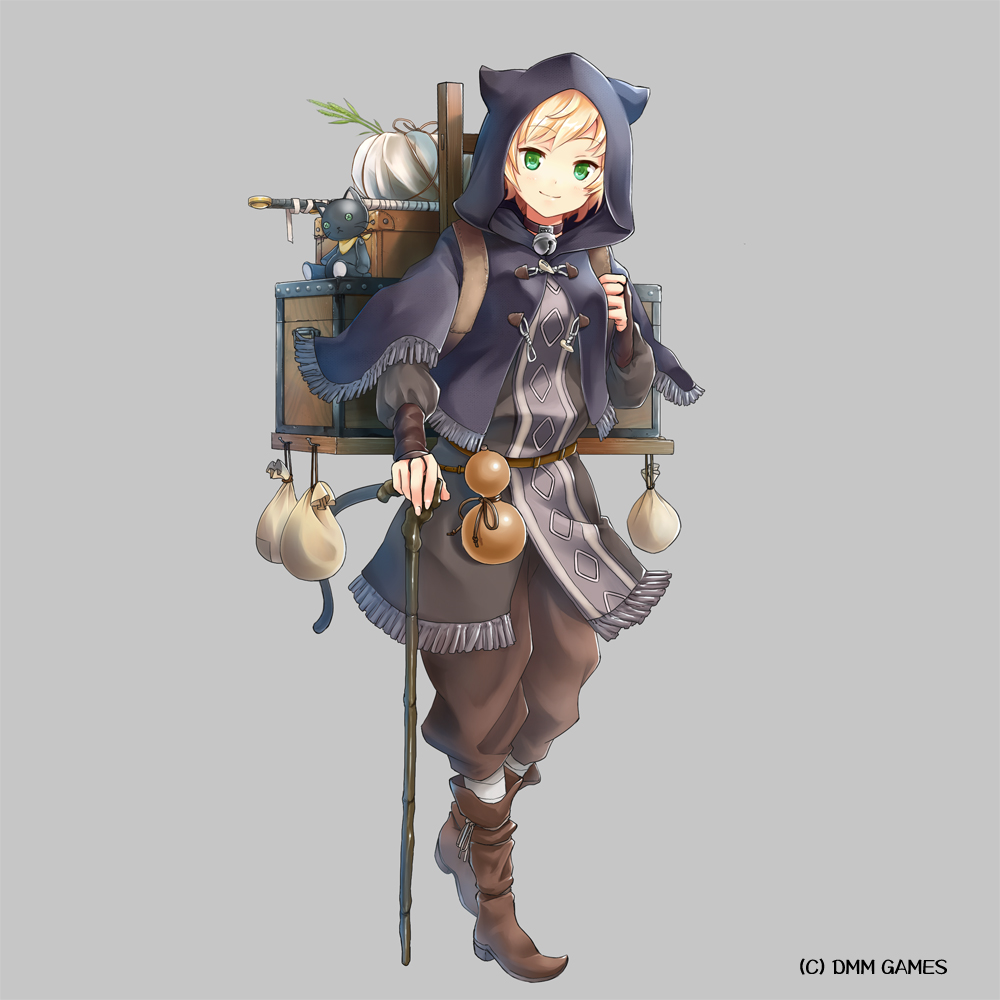 androgynous, animal_hood, backpack, bag, bell, box, brown_footwear, brown_pants