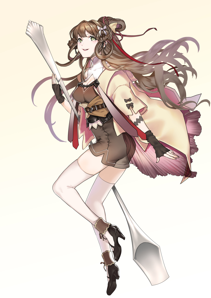 1girl, absurdres, ass, belt, black_footwear, black_gloves, bow, breasts