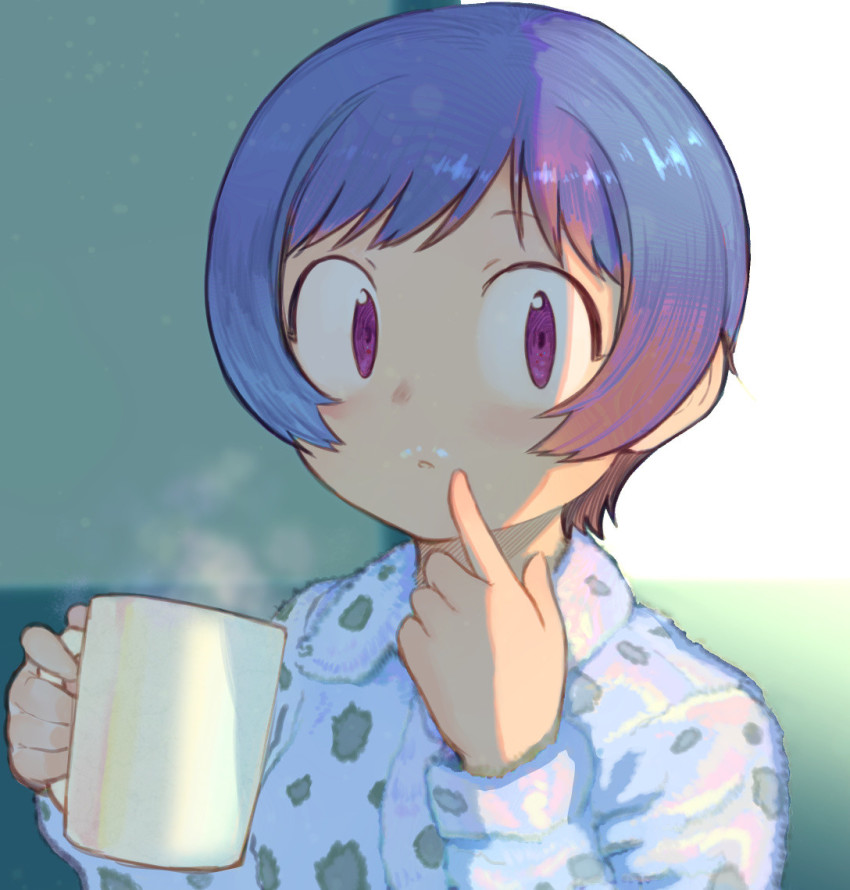 1girl, 2equal8, blue_hair, cup, female_focus, milk_mustache, mug, original, sawada_kanako, short_hair, solo