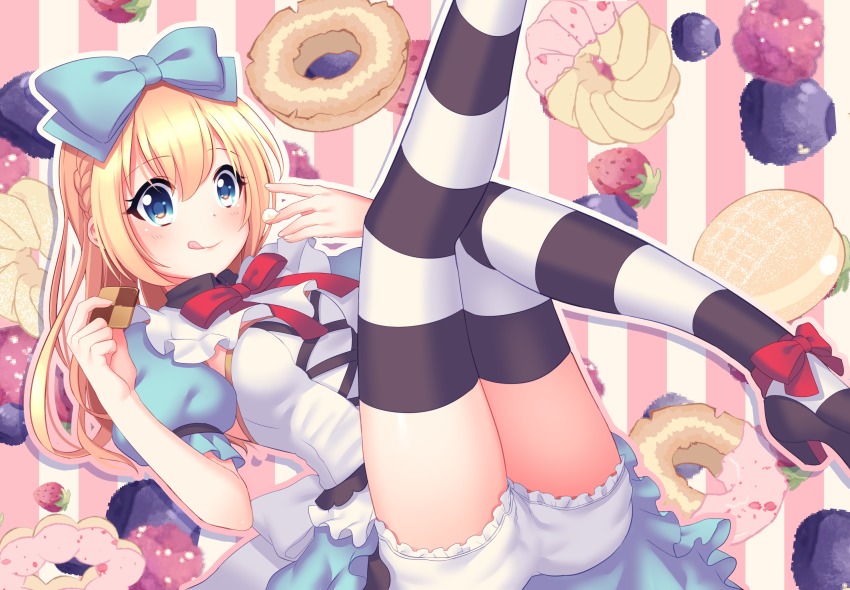 1girl, alice_(alice_in_wonderland), alice's_adventures_in_wonderland, ap@meito, black_footwear, bloomers, blue_bow, blue_eyes, blue_skirt, blueberry, blurry, blush, bow, braid, checkerboard_cookie, cookie, cream, donut, eating, female_focus, food, fruit, hair_bow, highres, licking_lips, long_hair, lying, on_back, pink_background, puffy_short_sleeves, puffy_sleeves, red_bow, short_sleeves, simple_background, skirt, solo, strawberry, striped_clothes, striped_thighhighs, thighhighs, tongue, tongue_out, underwear, vertical_stripes, very_long_hair