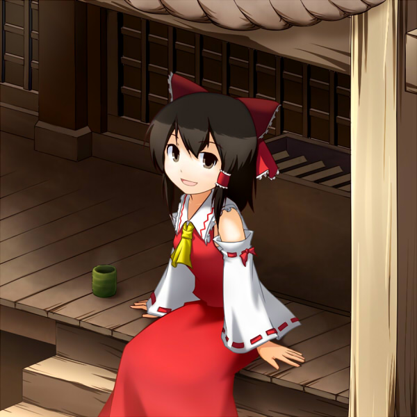 1girl, bad_id, bad_pixiv_id, black_eyes, black_hair, bow, cup, detached_sleeves