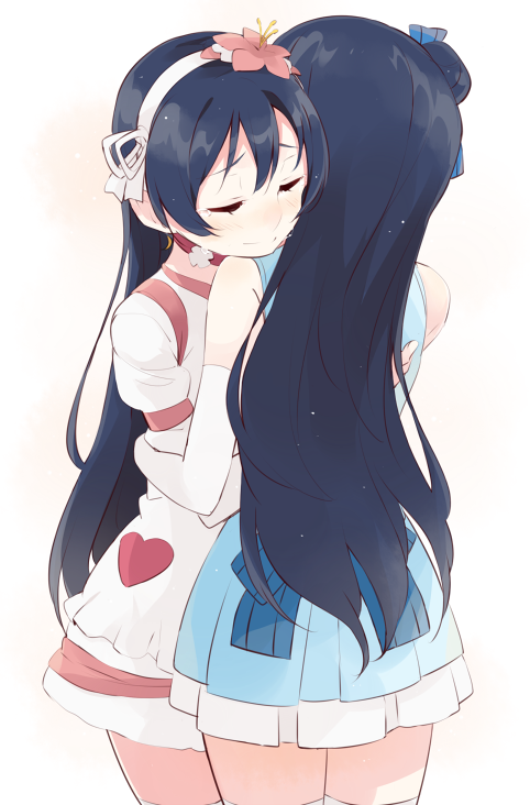 2girls, blue_hair, bokutachi_wa_hitotsu_no_hikari, choker, closed_eyes, closed_mouth, commentary_request, cowboy_shot