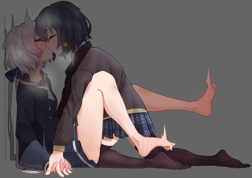 10s, 2girls, afterimage, against_wall, bare_legs, barefoot, black_hair, black_legwear, black_sailor_collar, black_shirt, blue_dress, blue_ribbon, blue_skirt, blush, body_blush, closed_eyes, commentary_request, dress, feet, female_focus, flower, from_side, full-face_blush, grey_background, hair_flower, hair_ornament, hair_ribbon, highres, holding_hands, interlocked_fingers, kiss, kneeling, konno_junko, legs_up, light, long_hair, long_sleeves, low_twintails, miniskirt, mizuno_ai, multiple_girls, neckerchief, no_shoes, plaid_clothes, plaid_skirt, pleated_skirt, profile, ribbon, rlin, sailor_collar, school_uniform, shirt, short_hair, silver_hair, simple_background, sitting, skirt, thighhighs, twintails, very_long_hair, white_neckerchief, yuri, zettai_ryouiki, zombie_land_saga
