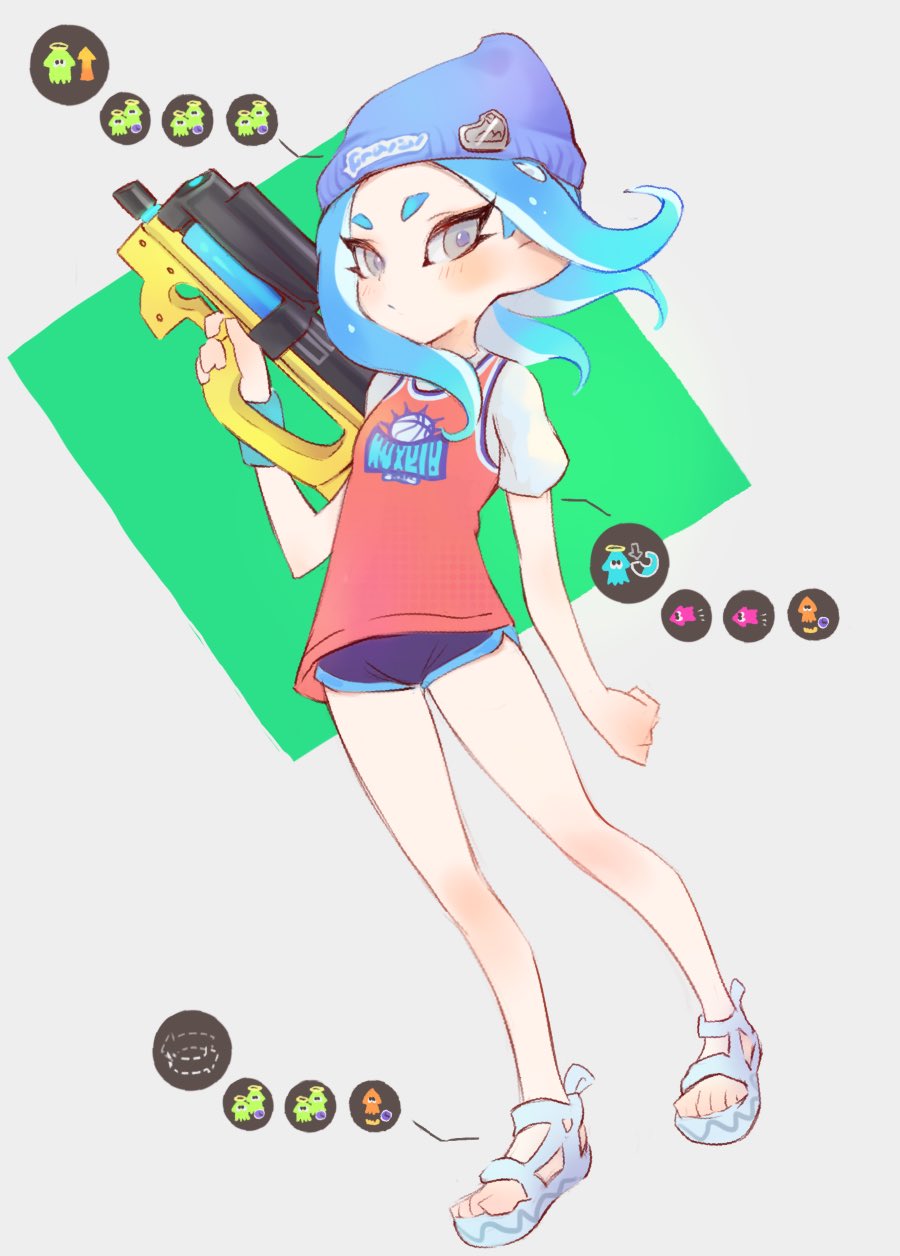 1girl, :/, bad_id, bad_twitter_id, beanie, blue_hair, blue_hat, closed_mouth, dolphin_shorts, female_focus, full_body, grey_eyes, hand_up, hat, hero_shot_(splatoon_2), highres, holding, jtveemo, legs_apart, long_hair, micro_shorts, nintendo, octoling, octoling_player_character, purple_shorts, shirt, short_sleeves, shorts, solo, splatoon_(series), splatoon_2, standing, suction_cups, tentacle_hair, white_footwear, white_shirt, wristband