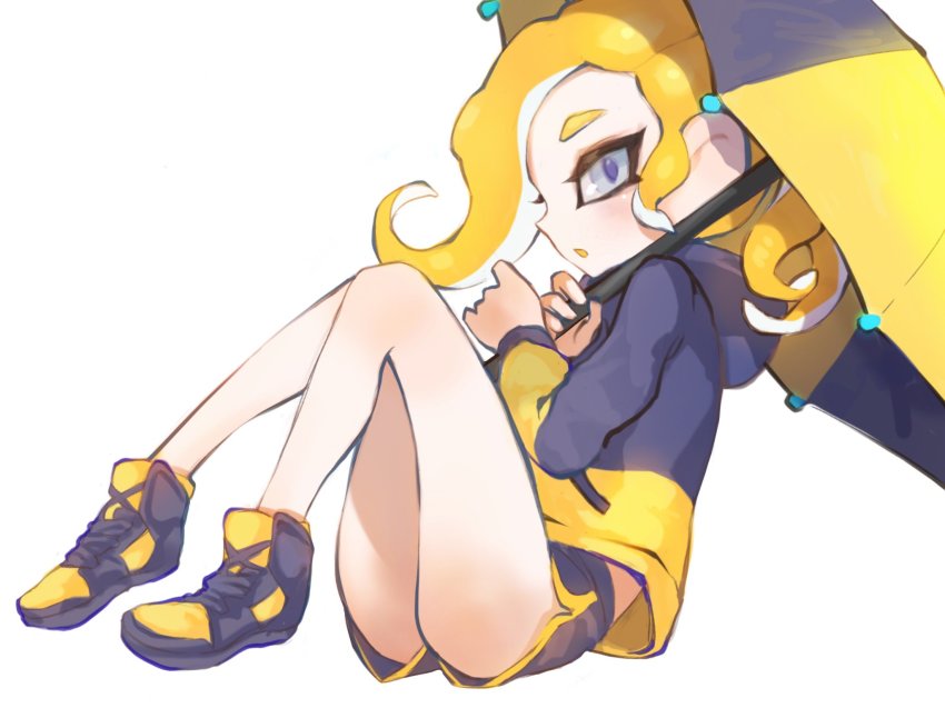 1girl, :o, bad_id, bad_twitter_id, black_shorts, blonde_hair, dolphin_shorts, female_focus, grey_eyes, highres, holding, holding_umbrella, hood, hood_down, hooded_jacket, jacket, jtveemo, long_hair, long_sleeves, nintendo, octoling, octoling_player_character, open_mouth, over_shoulder, shoes, short_shorts, shorts, sideways_mouth, simple_background, sitting, solo, splat_brella_(splatoon), splatoon_(series), splatoon_2, suction_cups, tentacle_hair, track_jacket, umbrella, white_background
