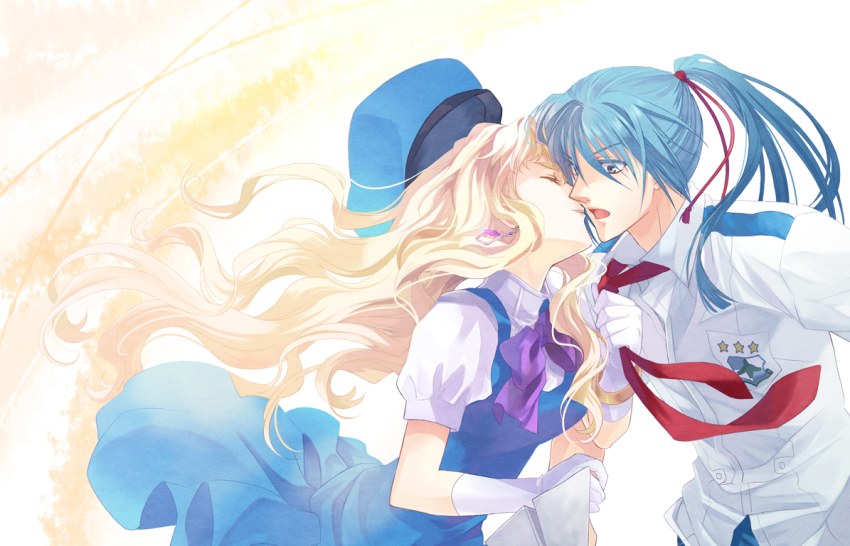 00s, 1boy, 1girl, bad_id, bad_pixiv_id, blonde_hair, couple, earrings, gloves, hat, hetero, jewelry, kiss, macross, macross_frontier, md5_mismatch, noshi_(pixiv39064), paper_airplane, saotome_alto, sheryl_nome, shinomna