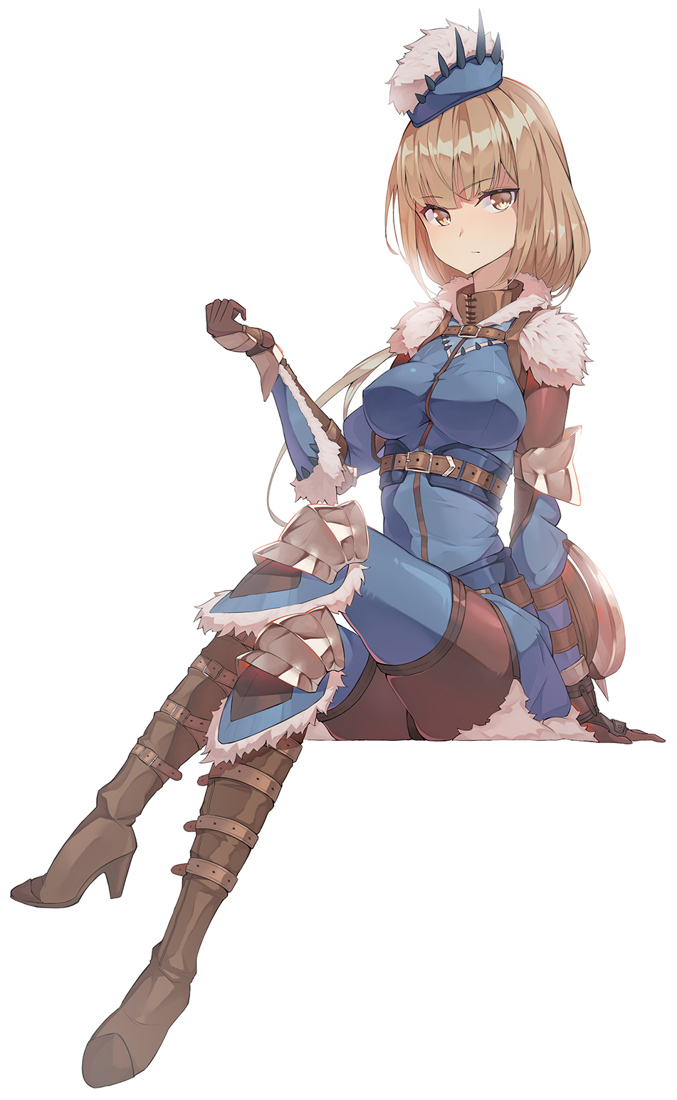 1girl, armor, blue_hat, blue_legwear, blue_shirt, bodysuit, boots, breasts, brown_bodysuit, brown_boots, brown_eyes, brown_gloves, brown_hair, crossed_legs, elbow_pads, female_focus, full_body, gloves, hat, highres, invisible_chair, knee_pads, looking_at_viewer, medium_breasts, monster_hunter:_world, monster_hunter_(series), shield, shirt, simple_background, sitting, solo, tobi-kadachi_(armor), white_background, xuan_(pixiv31113827)