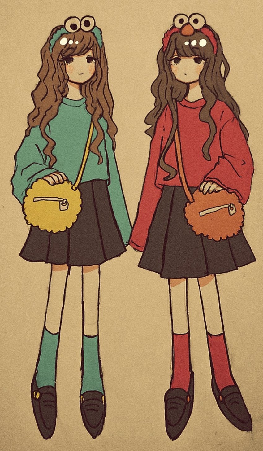 2girls, aqua_hairband, aqua_shirt, aqua_socks, bag, black_footwear, black_skirt, brown_hair, cookie_monster, elmo, expressionless, hairband, highres, long_hair, multiple_girls, orange_bag, original, pleated_skirt, red_hairband, red_legwear, red_shirt, sakura_szm, sesame_street, shirt, shoes, shoulder_bag, siblings, skirt, smile, socks, swept_bangs, twins, very_long_sleeves, yellow_bag